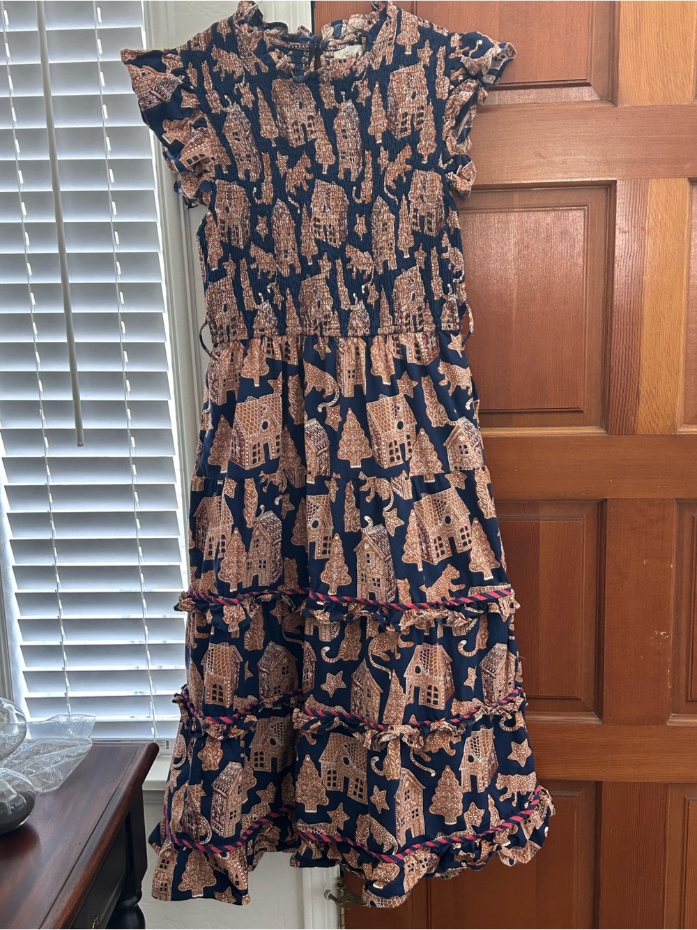 Printfresh Gingerbread Party Ready to Ruffle Dress Classic Navy, Size Large